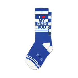 blue and white striped socks featuring "i <3 my dad bod" in red and white. comfortable, breathable crew length. a perfect gift for a proud dad.  