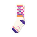 Pair of white crew socks with purple, pink, and orange stripes and the text 'Eat All The Ice Cream'.