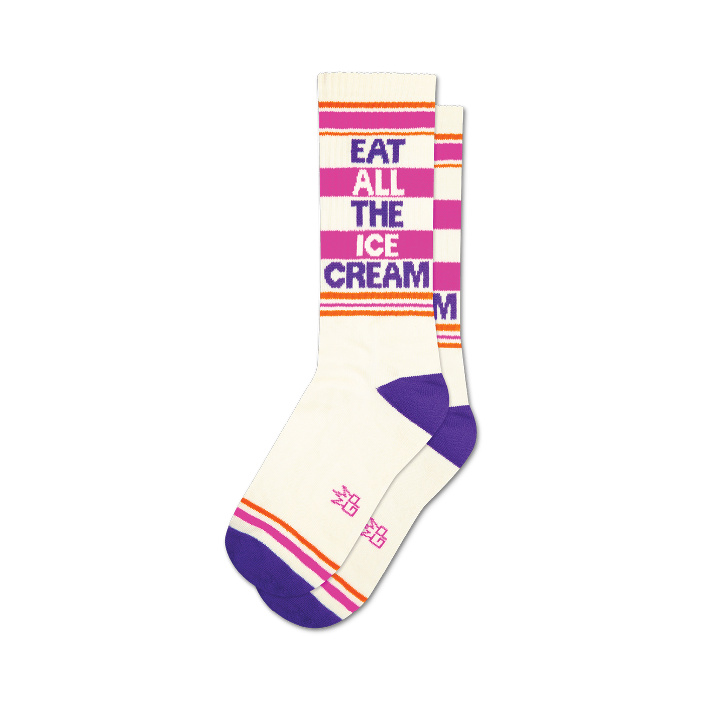 Pair of white crew socks with purple, pink, and orange stripes and the text 'Eat All The Ice Cream'.