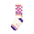 Pair of white crew socks with purple, pink, and orange stripes and the text 'Eat All The Ice Cream'.