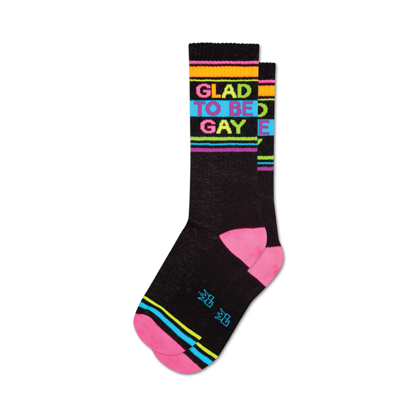 Pair of black crew socks with 'Glad To Be Gay' in rainbow lettering and pink, blue, orange, and yellow stripes.