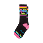 Pair of black crew socks with 'Glad To Be Gay' in rainbow lettering and pink, blue, orange, and yellow stripes.
