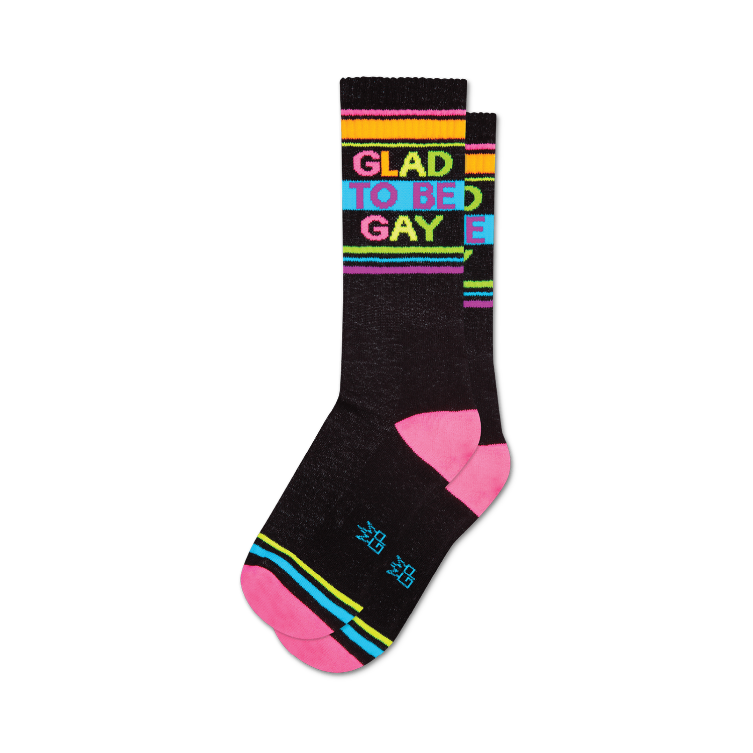 Pair of black crew socks with 'Glad To Be Gay' in rainbow lettering and pink, blue, orange, and yellow stripes.