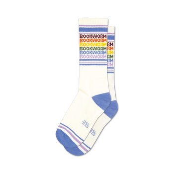 white rainbow crew socks featuring the word "bookworm" in repeating pattern. sizes for men and women.   