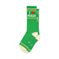Pair of green crew socks with a red heart and 'I love pickles' graphic.  Features thin gold and white stripes at the cuff and off-white heel and toe.