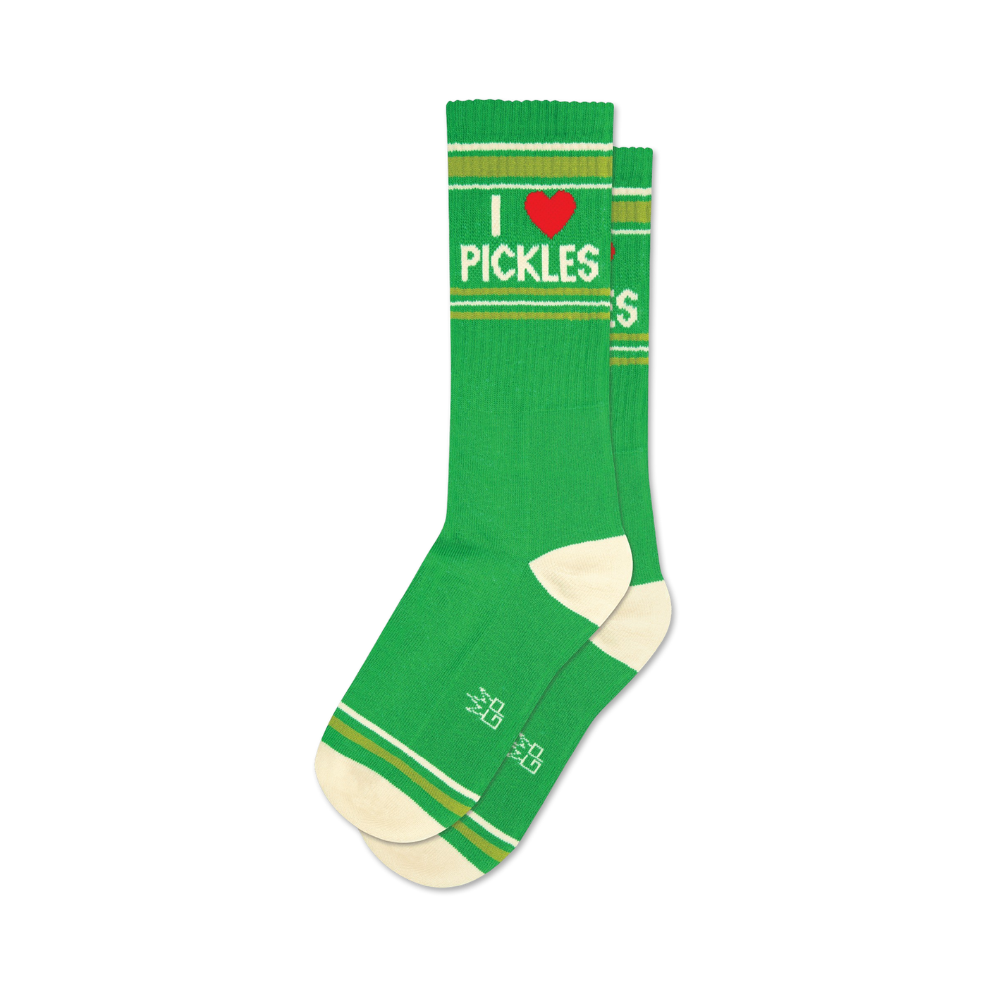 Pair of green crew socks with a red heart and 'I love pickles' graphic.  Features thin gold and white stripes at the cuff and off-white heel and toe.