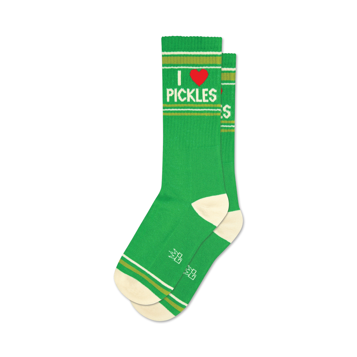 Pair of green crew socks with a red heart and 'I love pickles' graphic.  Features thin gold and white stripes at the cuff and off-white heel and toe.