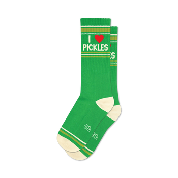 green socks with white toes, heels, and cuffs. red heart with 'i heart pickles' text. 'i heart pickles' repeated on cuff. crew. for men and women.   