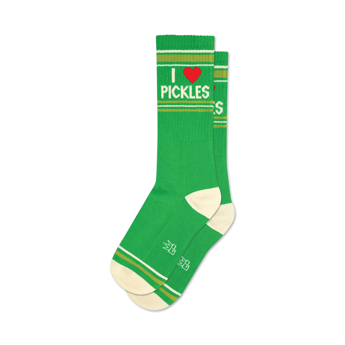 green socks with white toes, heels, and cuffs. red heart with 'i heart pickles' text. 'i heart pickles' repeated on cuff. crew. for men and women.    }}