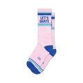 Pair of pink crew socks with blue and teal stripes and the words 'LET'S SKATE' on the leg.