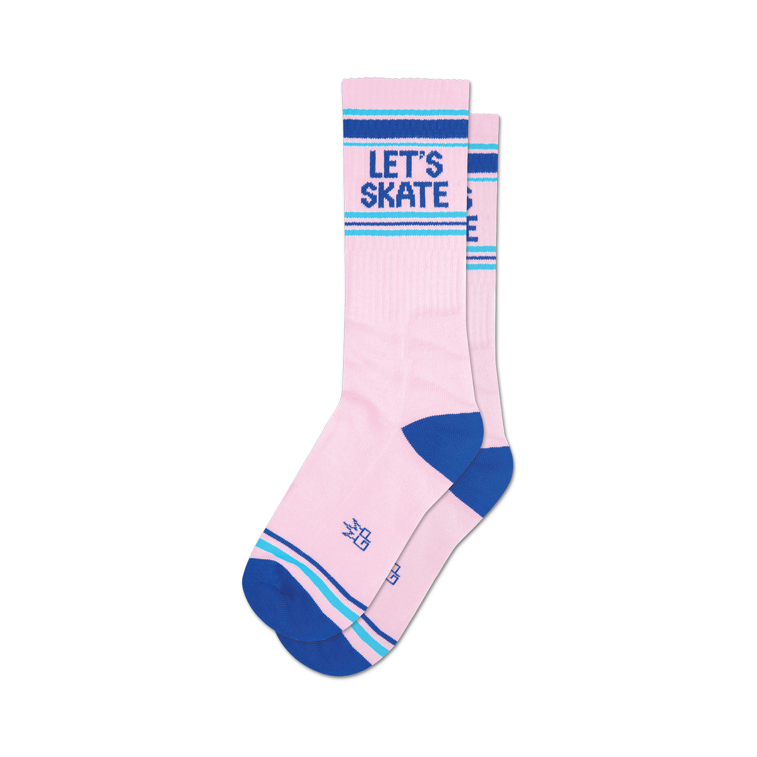 Pair of pink crew socks with blue and teal stripes and the words 'LET'S SKATE' on the leg.