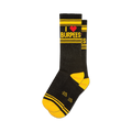 A pair of black crew socks with yellow stripes at the top and bottom. The socks feature the text 'I HEART BURPEES' and a small red heart.