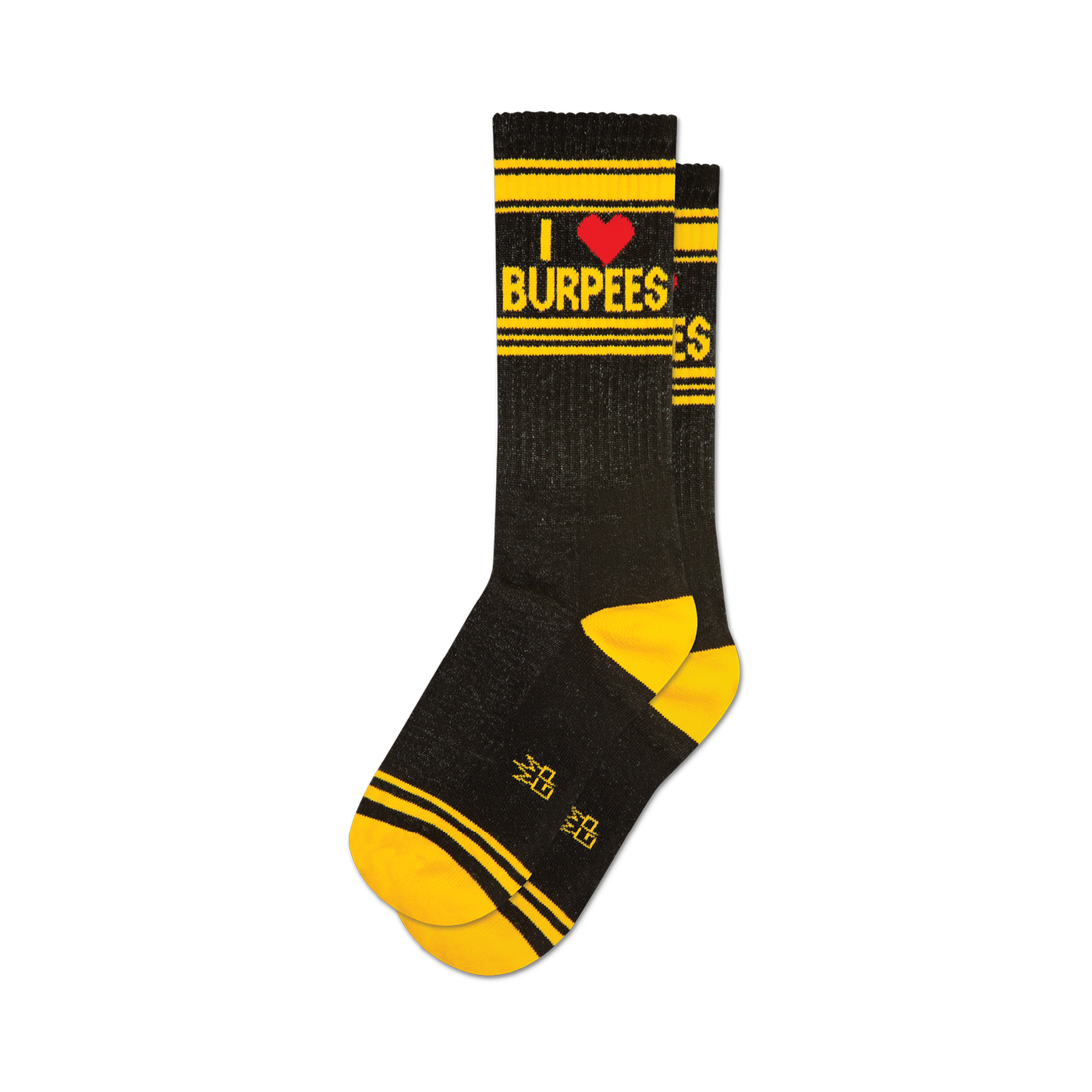 A pair of black crew socks with yellow stripes at the top and bottom. The socks feature the text 'I HEART BURPEES' and a small red heart.