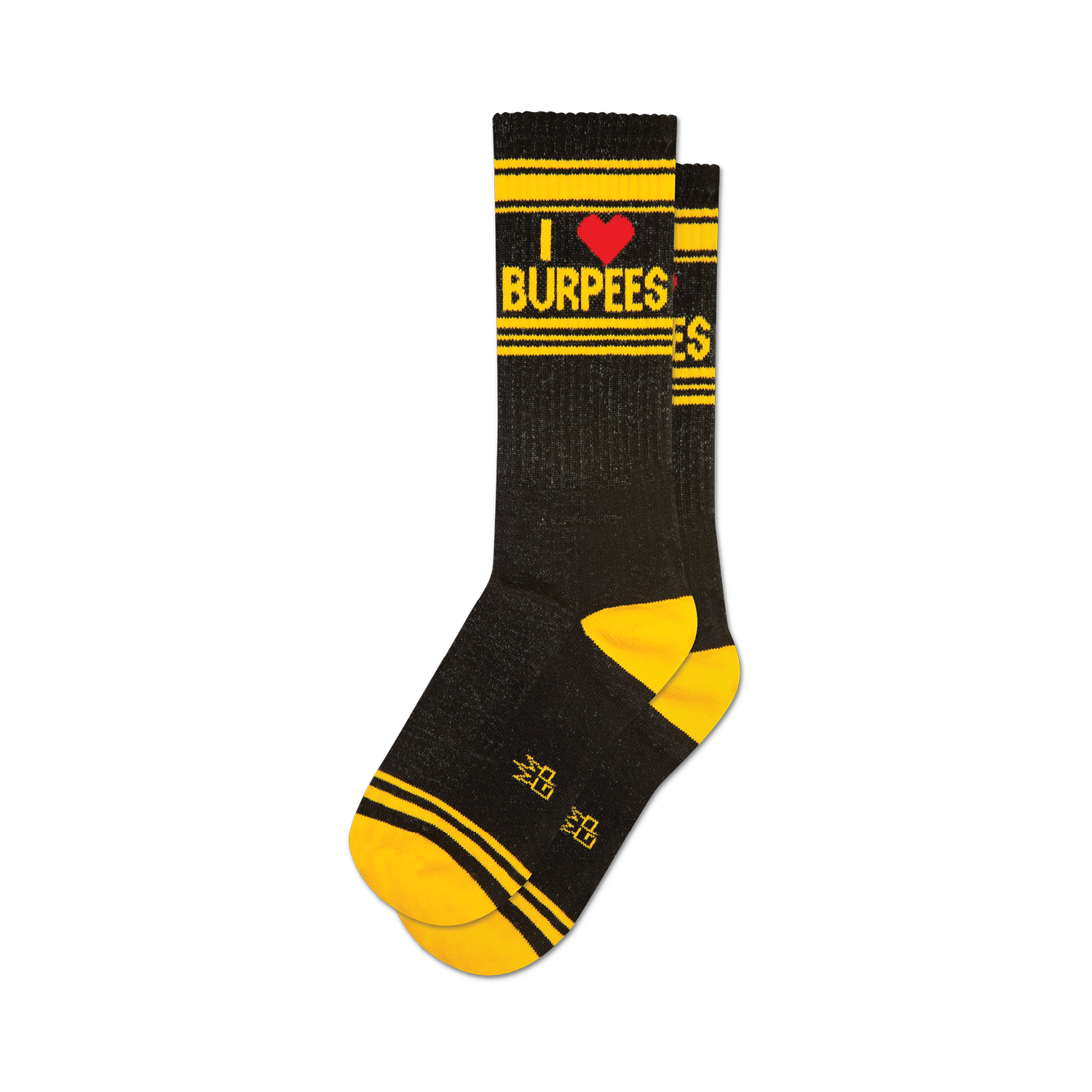 A pair of black crew socks with yellow stripes at the top and bottom. The socks feature the text 'I HEART BURPEES' and a small red heart.
