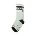 Pair of sage green crew socks with black 'Sweat Harder' text and black and white stripes at the top and bottom.