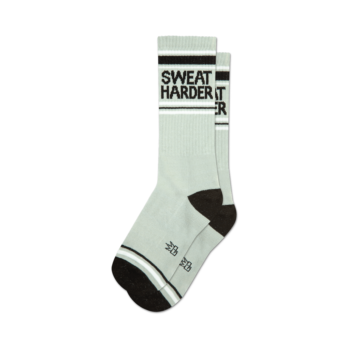 Pair of sage green crew socks with black 'Sweat Harder' text and black and white stripes at the top and bottom.