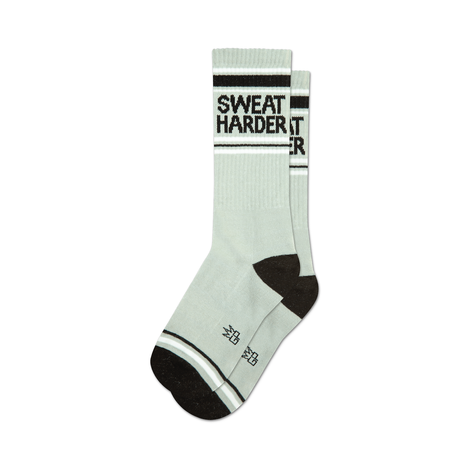 Pair of sage green crew socks with black 'Sweat Harder' text and black and white stripes at the top and bottom.