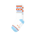 Pair of white crew socks with orange and light blue stripes and the text 'My Cat Is My Therapist'.
