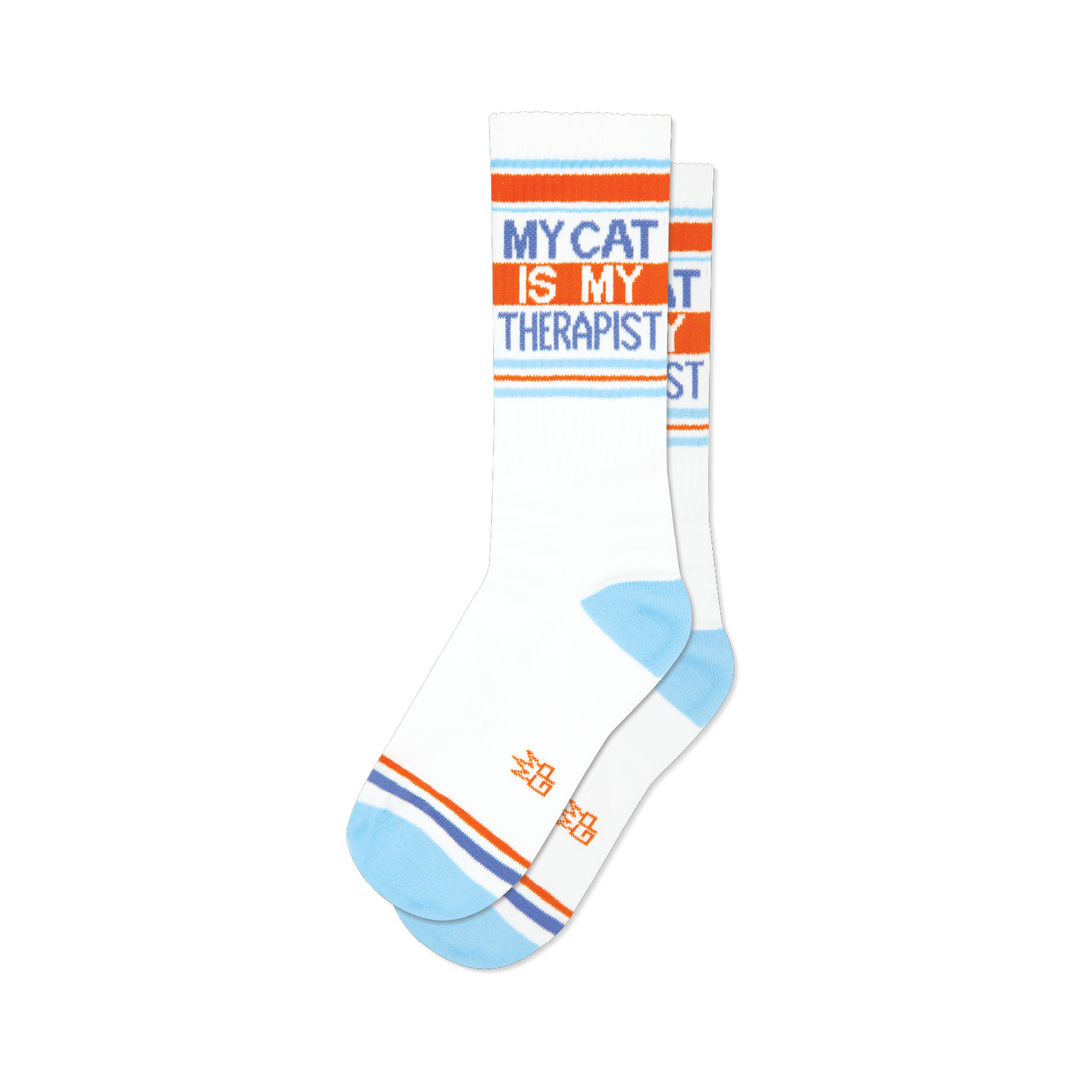 Pair of white crew socks with orange and light blue stripes and the text 'My Cat Is My Therapist'.