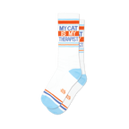 Pair of white crew socks with orange and light blue stripes and the text 'My Cat Is My Therapist'.