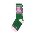 Pair of green crew socks with pink stripes and the text 'Horny For House Plants' in purple.