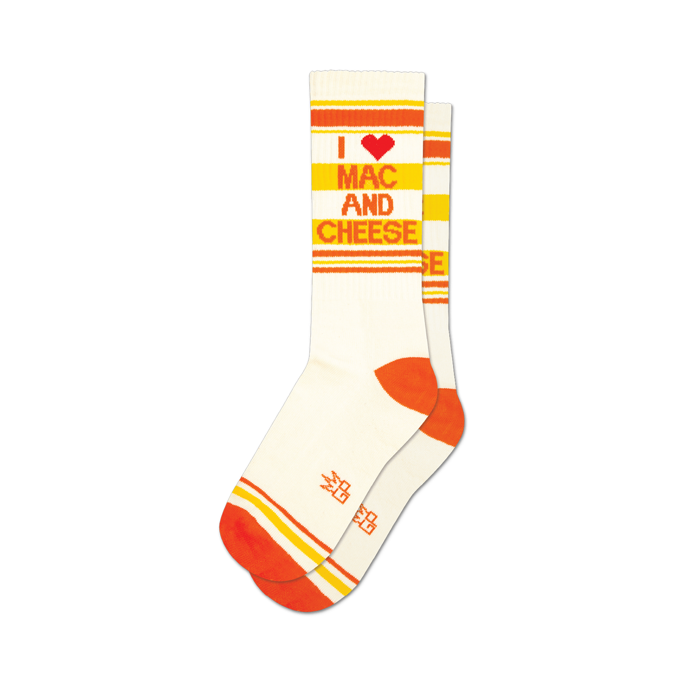 Pair of white crew socks with orange and yellow stripes and the text 'I heart Mac and Cheese'.