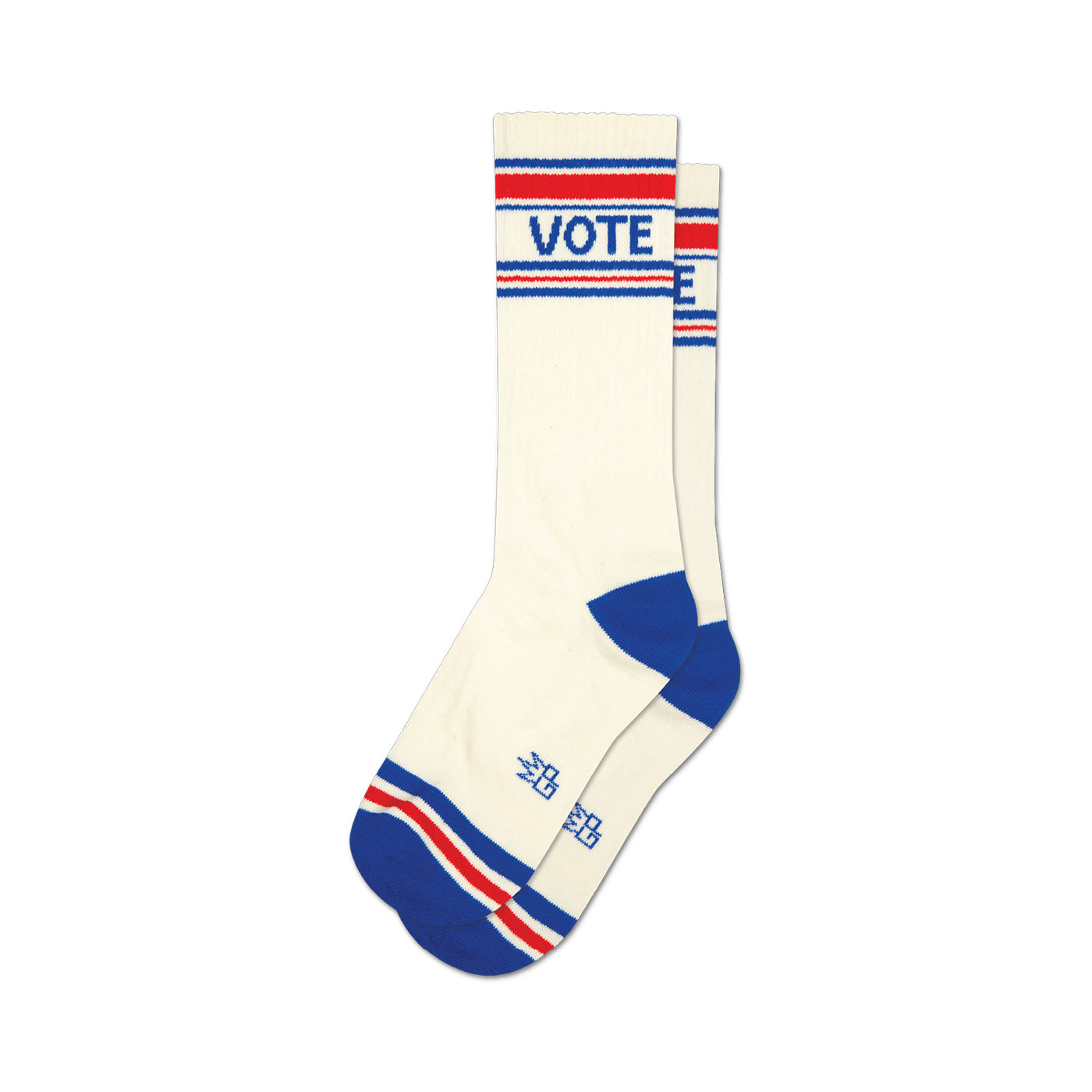 Pair of off-white crew socks with red, white, and blue stripes at the top and bottom. The word VOTE is prominently displayed on the socks.