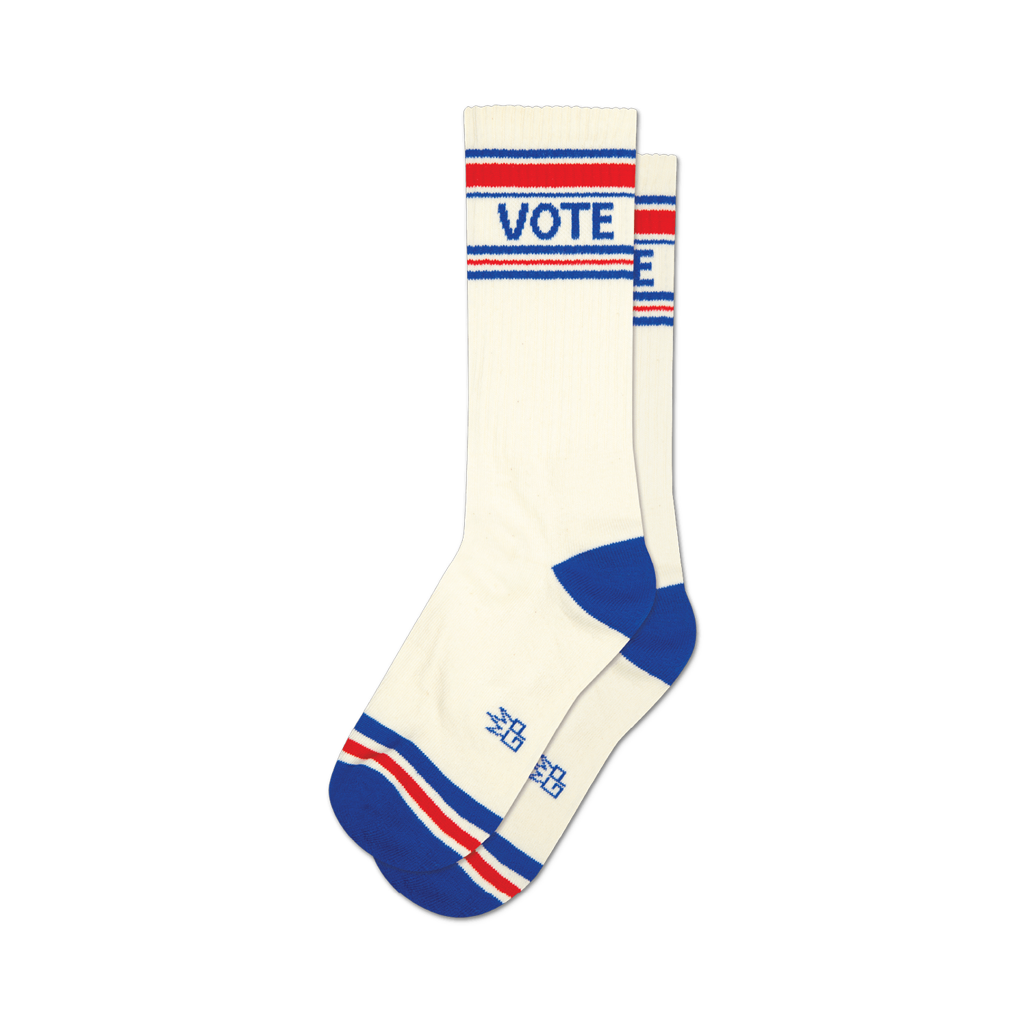 Pair of off-white crew socks with red, white, and blue stripes at the top and bottom. The word VOTE is prominently displayed on the socks.