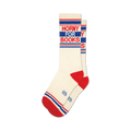 Pair of cream crew socks with red and blue stripes and the phrase "Horny for Books" in red and blue.