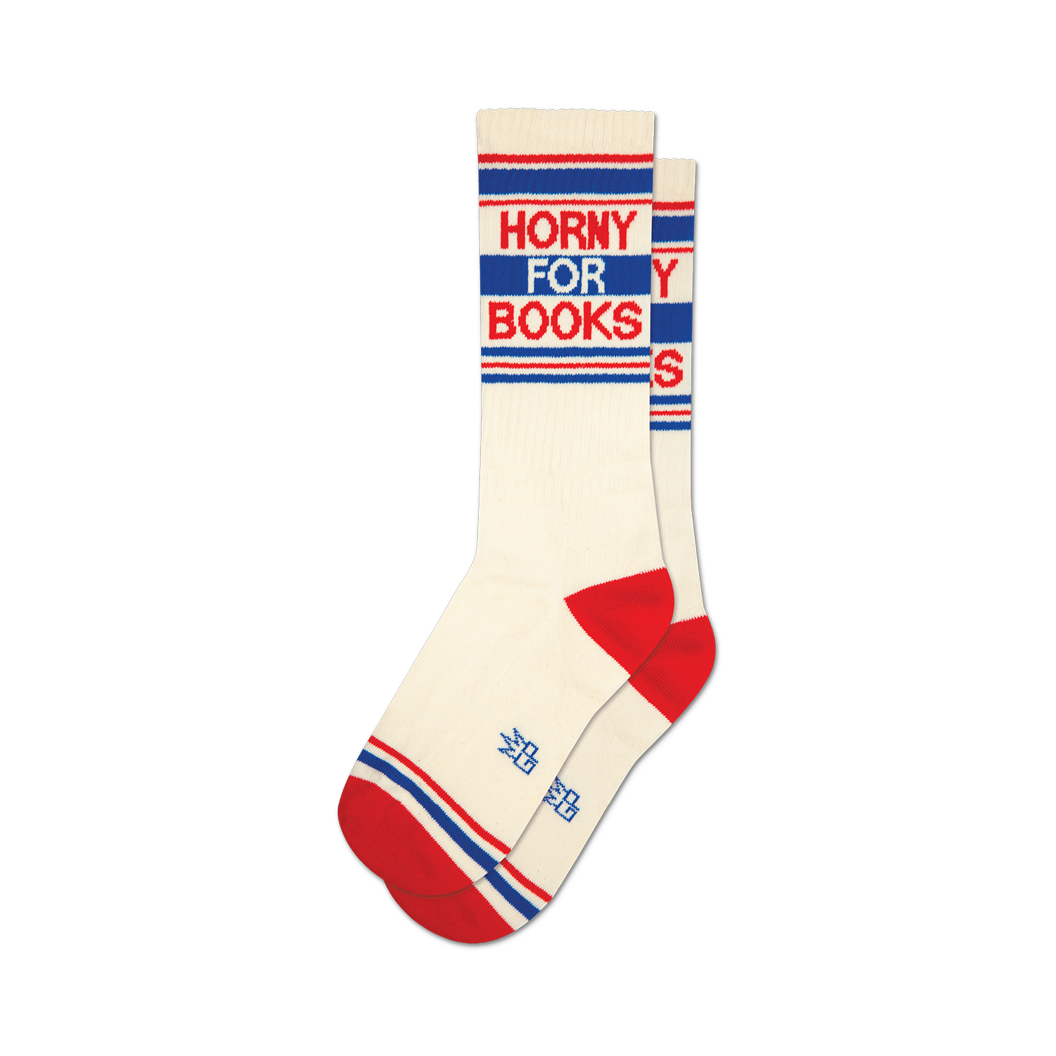 Pair of cream crew socks with red and blue stripes and the phrase "Horny for Books" in red and blue.