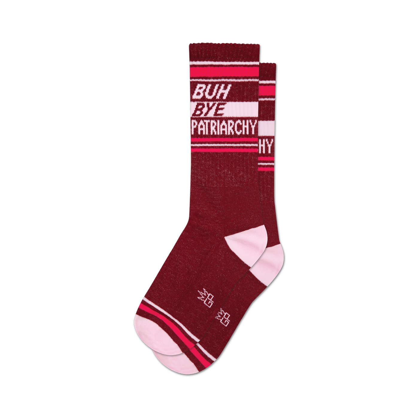 Pair of burgundy crew socks with pink stripes and the phrase 'Buh Bye Patriarchy' in white.