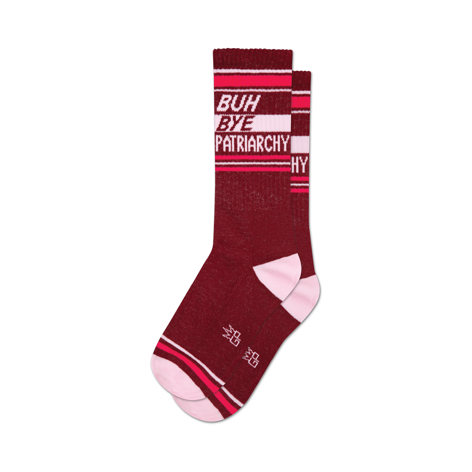 Pair of burgundy crew socks with pink stripes and the phrase 'Buh Bye Patriarchy' in white.