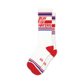 A pair of white crew socks with red and purple stripes and the words 'BUH BYE HATERS' printed on the leg.