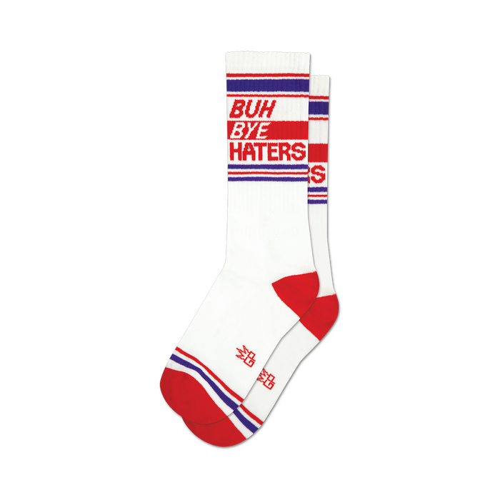 a pair of white socks with red and blue stripes at the top and the words 'buh bye haters' in red and blue. }}