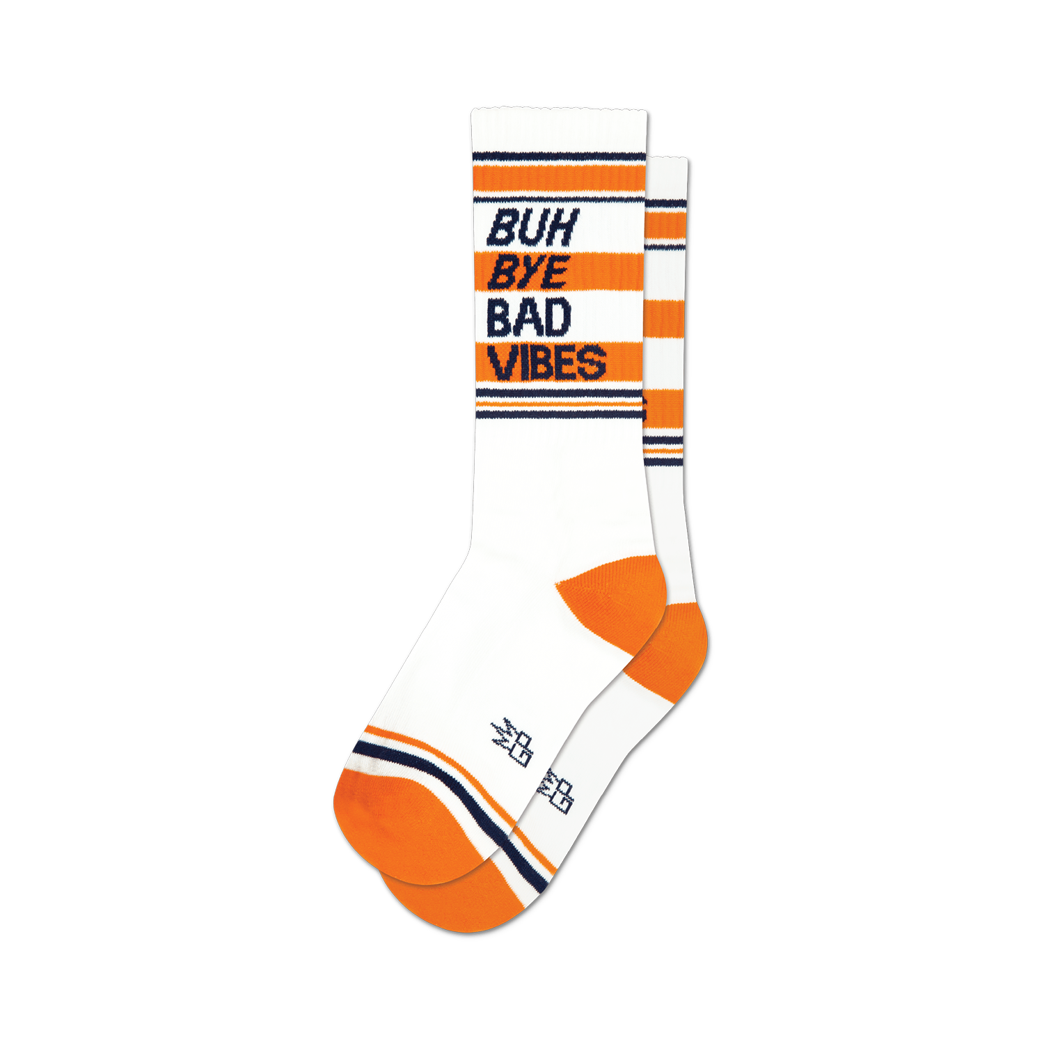 A pair of white crew socks with orange and navy stripes. The socks feature the text 'Buh Bye Bad Vibes' in dark text.