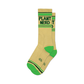 socks that are plant nerd themed. they are mostly tan with the words 'plant nerd' in green letters on the leg of the sock. the heel and toe are bright green. the top of the sock is banded in two green stripes. the plant nerd logo, a small green square with the letters 'pn' in a darker green, is on the outside of the leg of the sock above the heel.