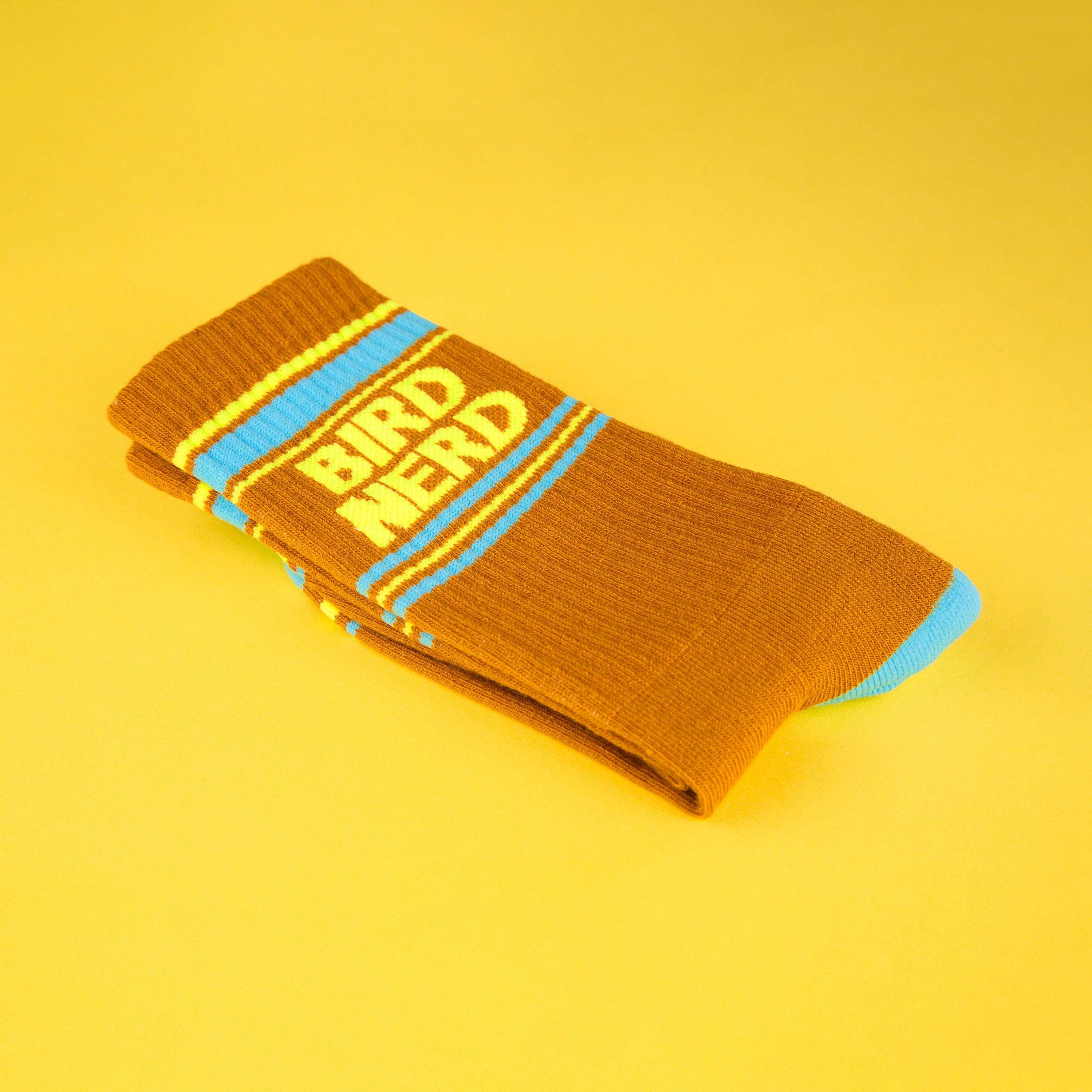 Close-up of folded Bird Nerd sock highlighting the design detail. [lf]