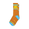 Pair of brown crew socks with a yellow and light blue retro stripe and 'Bird Nerd' text.