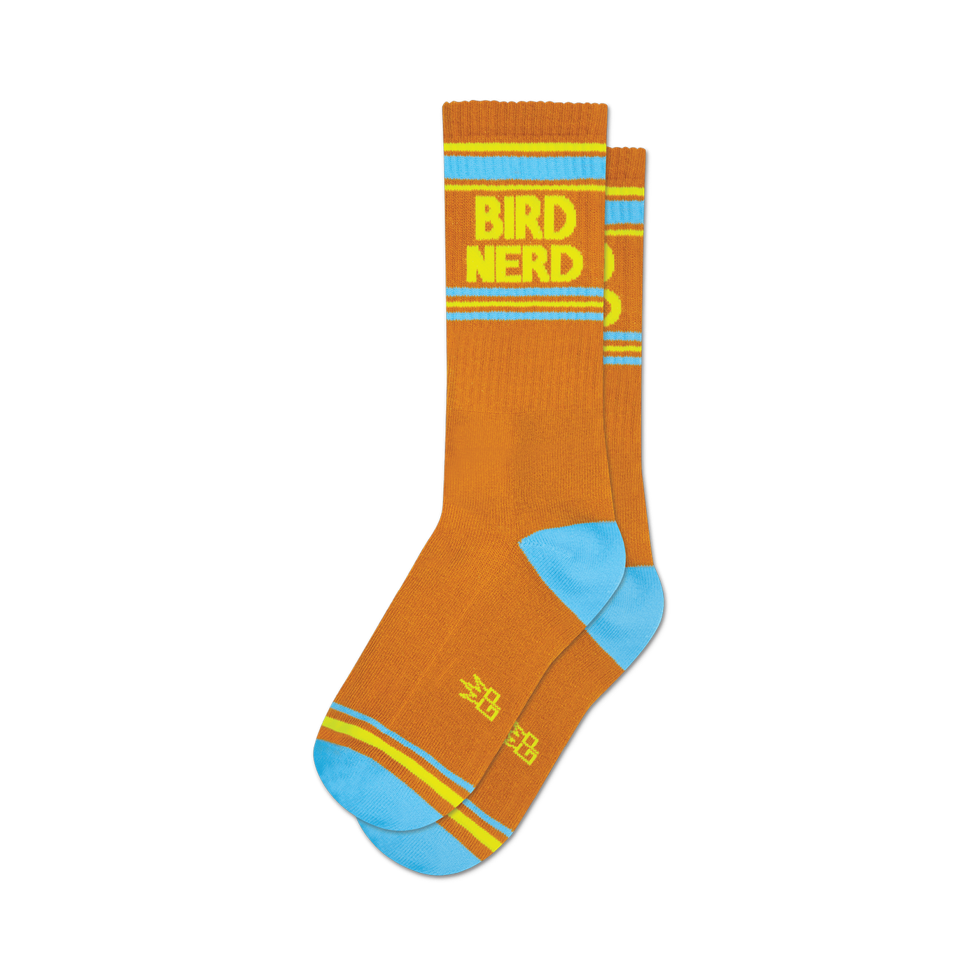 Pair of brown crew socks with a yellow and light blue retro stripe and 'Bird Nerd' text.