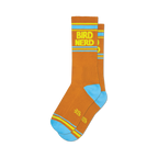 Pair of brown crew socks with a yellow and light blue retro stripe and 'Bird Nerd' text.