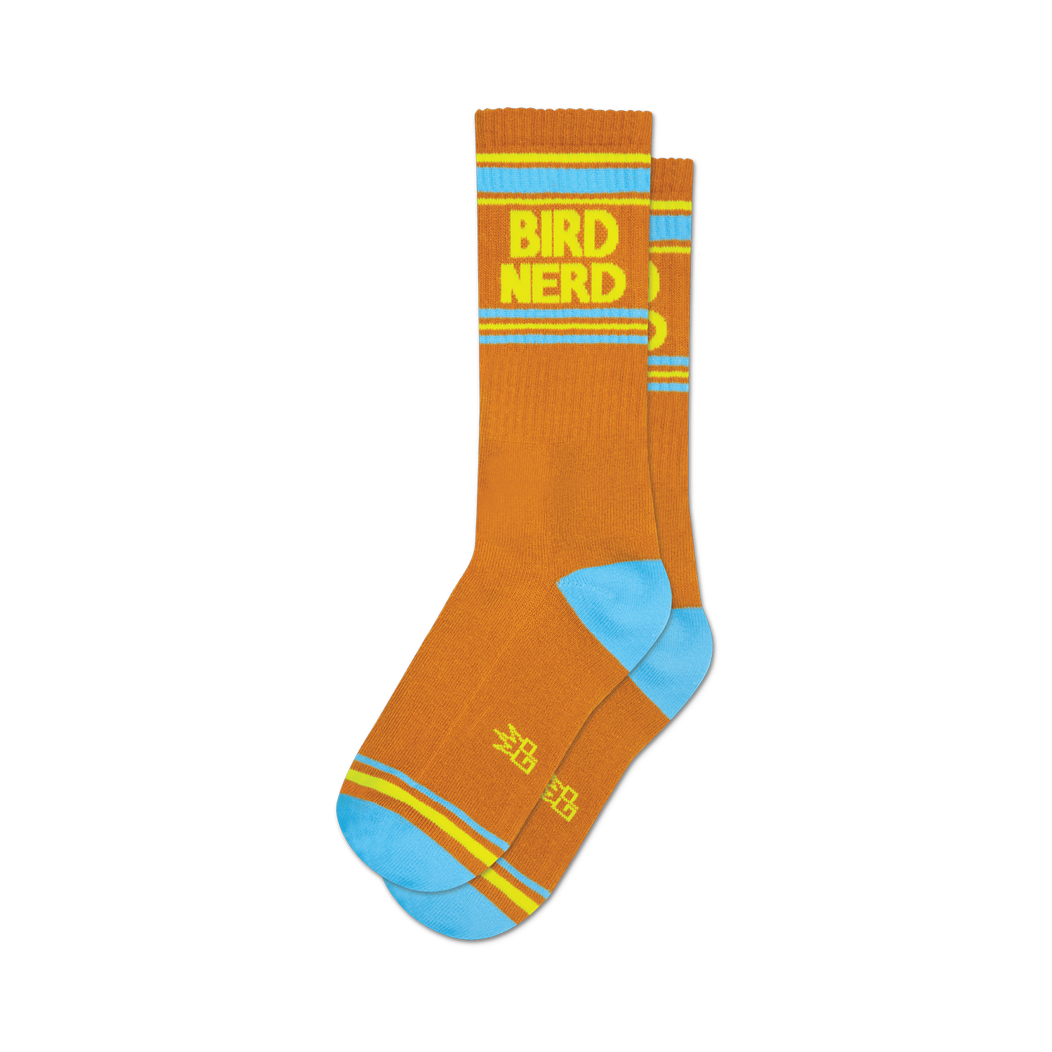 Pair of brown crew socks with a yellow and light blue retro stripe and 'Bird Nerd' text.