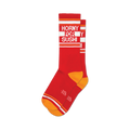 Pair of red crew socks with orange and white stripes. The socks feature the phrase 'Horny for Sushi' in white lettering.