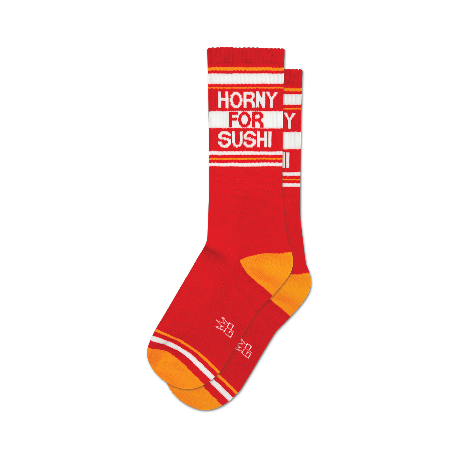 Pair of red crew socks with orange and white stripes. The socks feature the phrase 'Horny for Sushi' in white lettering.