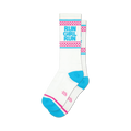 Pair of white crew socks with a 'Run Girl Run' graphic in teal, accented by pink and teal checkered stripes.