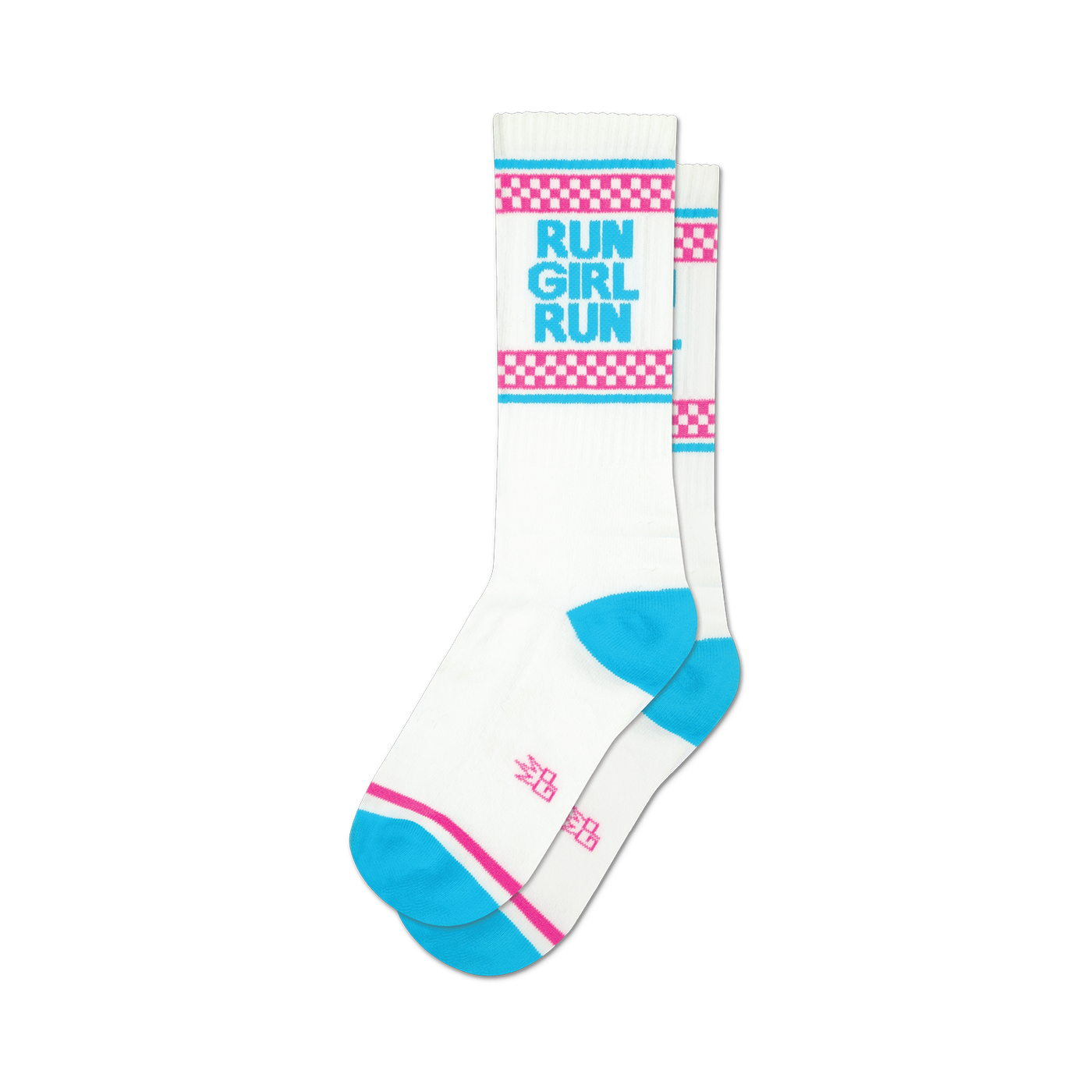 Pair of white crew socks with a 'Run Girl Run' graphic in teal, accented by pink and teal checkered stripes.