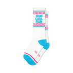 Pair of white crew socks with a 'Run Girl Run' graphic in teal, accented by pink and teal checkered stripes.