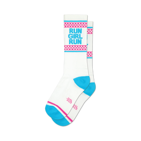 a pair of white socks with the words 'run girl run' in blue and pink, with blue toes and heels and pink and light blue stripes at the top.