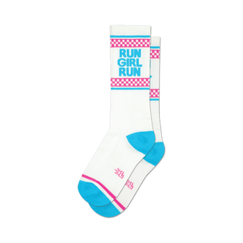 a pair of white socks with the words 'run girl run' in blue and pink, with blue toes and heels and pink and light blue stripes at the top.