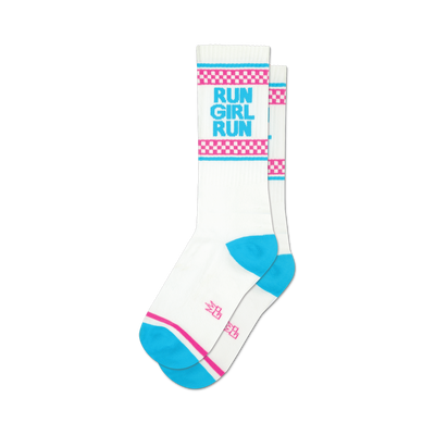 a pair of white socks with the words 'run girl run' in blue and pink, with blue toes and heels and pink and light blue stripes at the top.