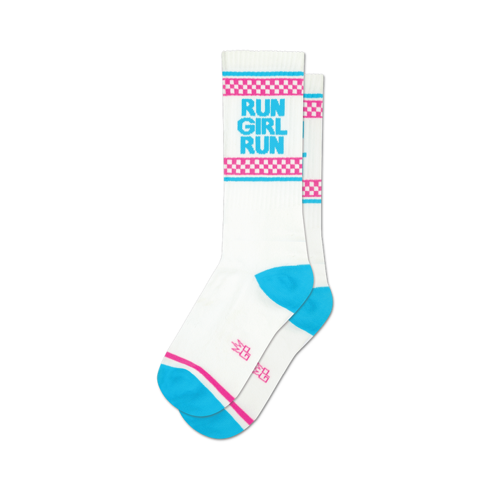 a pair of white socks with the words 'run girl run' in blue and pink, with blue toes and heels and pink and light blue stripes at the top. }}